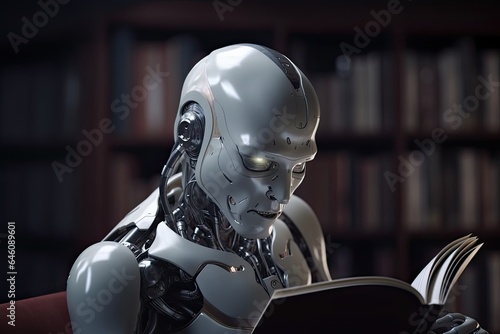 A futuristic cyborg with the ability to read and acquire knowledge, bridging the gap between artificial intelligence and human learning.