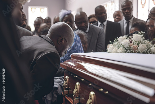 Amidst the sorrowful funeral, family and friends gather to say their final goodbyes at the graveside.
