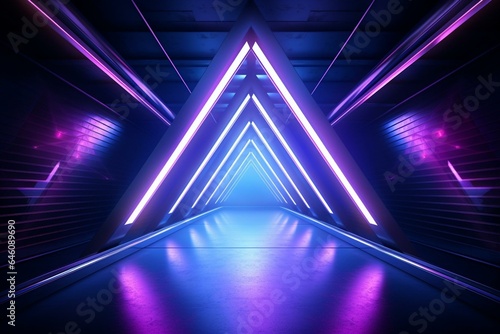 A futuristic tunnel with a triangular shape, neon lights, and a purple and blue color scheme. Generative AI © Artur