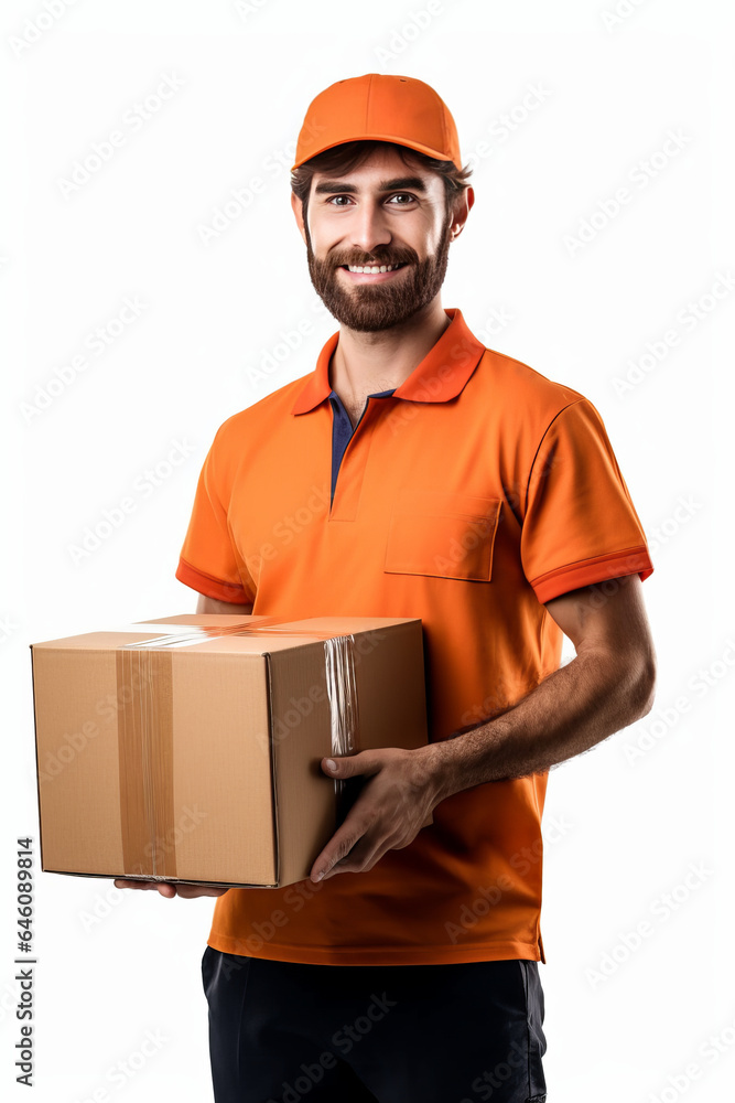 handsome man employee of the Parcel delivery company in orange uniform, friendly, with a parcel in her hands. handsome man employee of the Parcel delivery company in orange uniform, friendly, with a parcel in her hands.