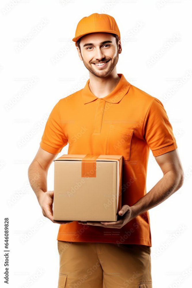 handsome man employee of the Parcel delivery company in orange uniform, friendly, with a parcel in her hands. handsome man employee of the Parcel delivery company in orange uniform, friendly, with a parcel in her hands.