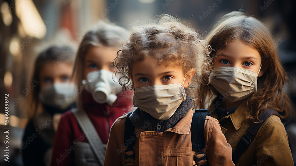Children with masks, let's block viruses Children with masks, let's block viruses