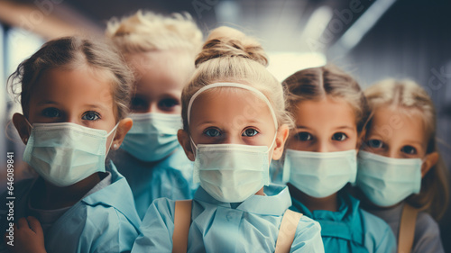 Children with masks, let's block viruses