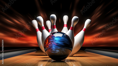 The bowling ball is ready to be hit. Image of a bowling ball hitting pins and exploding. 