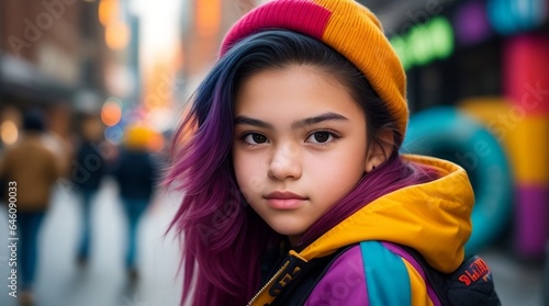An engaging medium shot portrait of a teenager, showcasing her vibrant personality amid a colorful urban cityscape, Generative AI