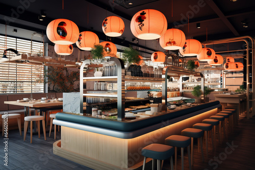 beautiful and cool sushi restaurant, creative 3d rendering elements