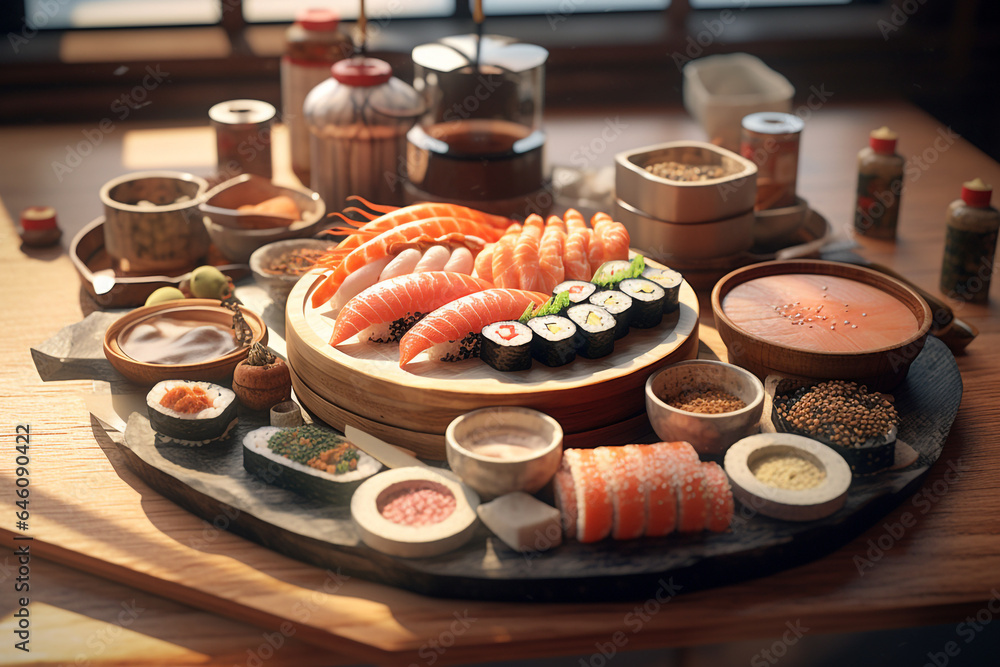 beautiful and cool sushi restaurant, creative 3d rendering elements beautiful and cool sushi restaurant, creative 3d rendering elements