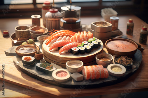 beautiful and cool sushi restaurant, creative 3d rendering elements photo