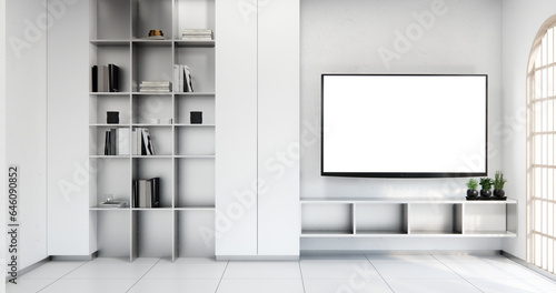 white monitor on wall Empty room, Clean minimalist room interior.