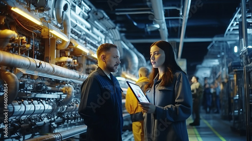 Male and Female Industrial Engineers Look at Project Blueprints While Standing Surround By Pipeline Parts in the Middle of Enormous Heavy Industry.