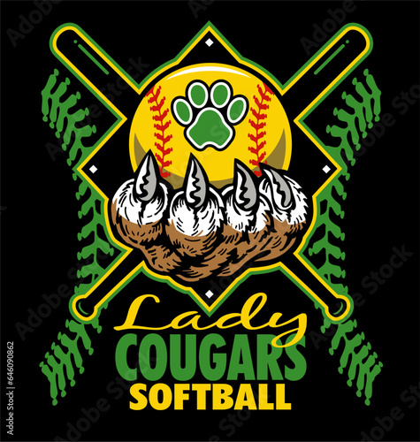 lady cougars softball team diamond design with claw holding ball for school, college or league