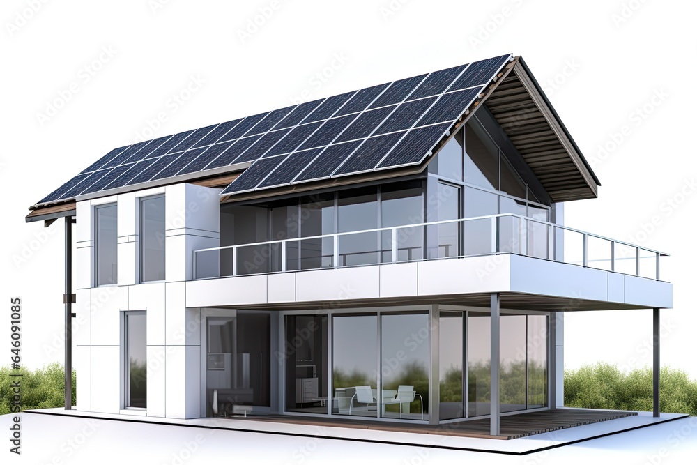 A modern eco-friendly home with solar panels on the roof, represents renewable energy and environmental sustainability. A modern eco-friendly home with solar panels on the roof, represents renewable energy and environmental sustainability.