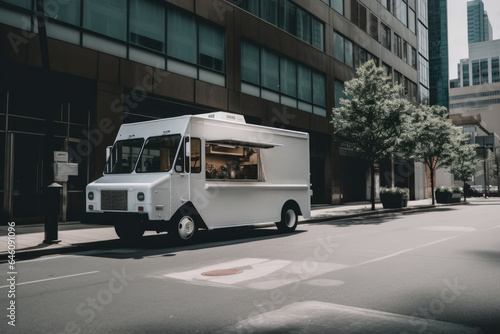 A white urban delivery truck parked in the downtown district, ready to serve your fast food needs.