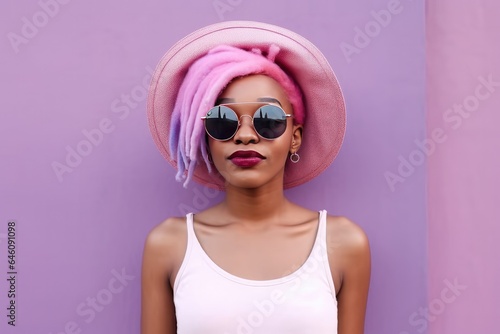 A stylish young woman in pink, wearing sunglasses and a hat, exudes retro elegance with a funky twist.