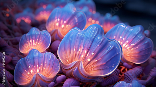 mutated neon shells on beach with glowing waves