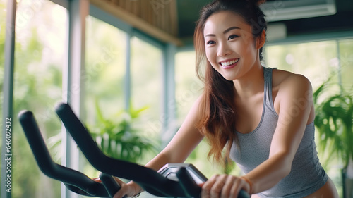 cute asian woman cycling for exercise and wellness at home. Concept home gym.