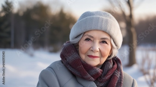 A medium-shot portrait featuring a mature woman, The serene winter landscape complements her graceful aging process, generative AI