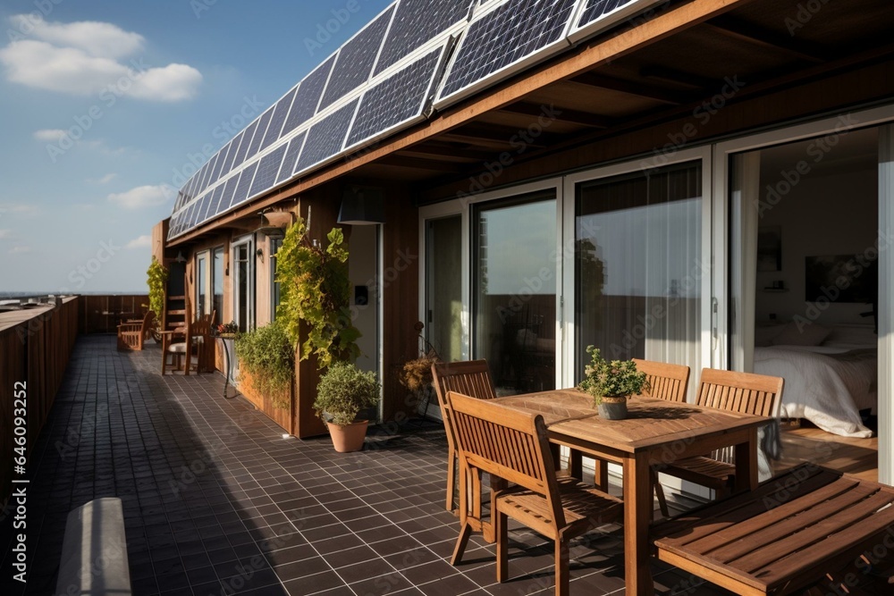 A contemporary flat's veranda has solar panels. Generative AI