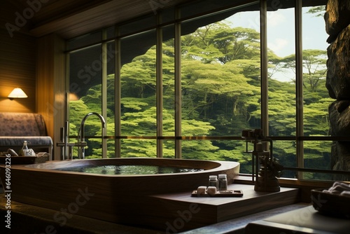Stunning onsen room featuring a bath by a window with a breathtaking view of nature. Generative AI