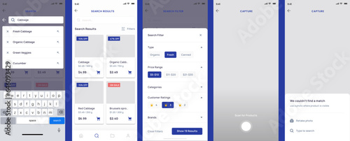 Search Results, searching, find bar, Filter and Scan Picture Screen App UI Kit Template
