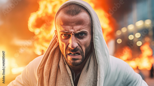caucasian man is arsonist or riot and uprising and resistance, the civilian population or groups take to the streets and rebel or are resistance fighter, fictional place