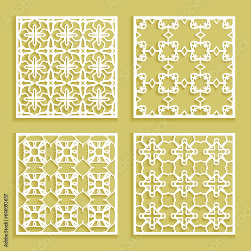 Templates for laser cutting, plotter cutting, printing. Square line patterns set. Geometric design cut out of paper. Mandala Islamic die cut ornament. Fretwork panels, cutout silhouette stencils