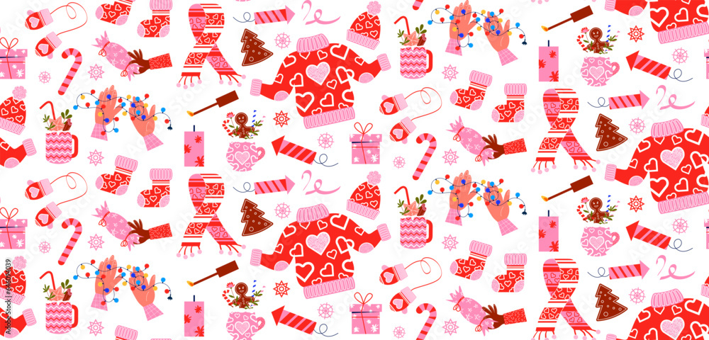Seamless pattern of New Year's clothes. Vector background with New Year elements in flat style. Seamless pattern of New Year's clothes. Vector background with New Year elements in flat style.
