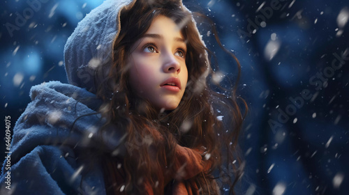 portrait of a young girl with the snow this winter 