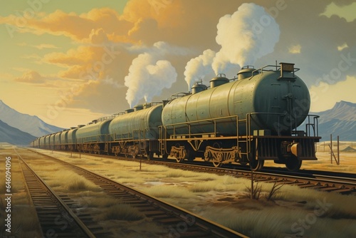 Fototapeta Illustration of train cars transporting oil on railways