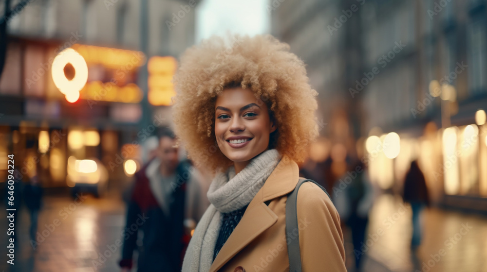 Mature adult woman, 30s 40s, wearing winter coat and winter turtleneck sweater, handbag over her shoulder, in a city, everyday life in the big city,