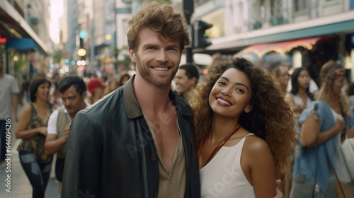 a caucasian man and a multiracial tanned skin tone woman, strolling through the city, tropical vacation spot, India or Indonesia, fictional place