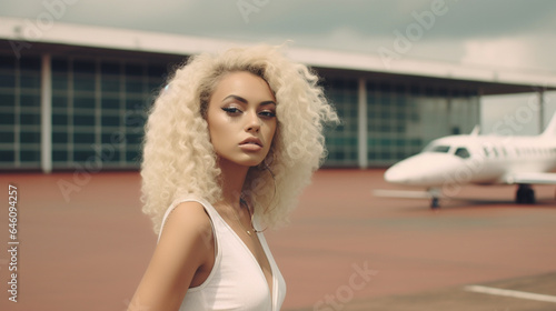 an attractive slim woman, light white skin color, latina hispanic or multiracial, french, fictional, blonde colored curly hair, at the airport with a small private jet © wetzkaz