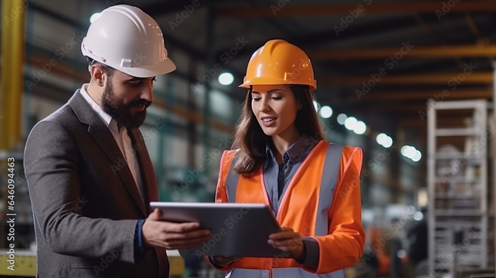 Two engineer manager leader and woman assistant holding laptop wearing helmet talking and checking production. Two engineer manager leader and woman assistant holding laptop wearing helmet talking and checking production.