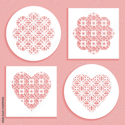 Templates for laser cutting, plotter cutting, printing. Heart and flower shape line pattern. Geometric design cut out of paper. Mandala die cut ornament. Fretwork panels, cutout silhouette stencils