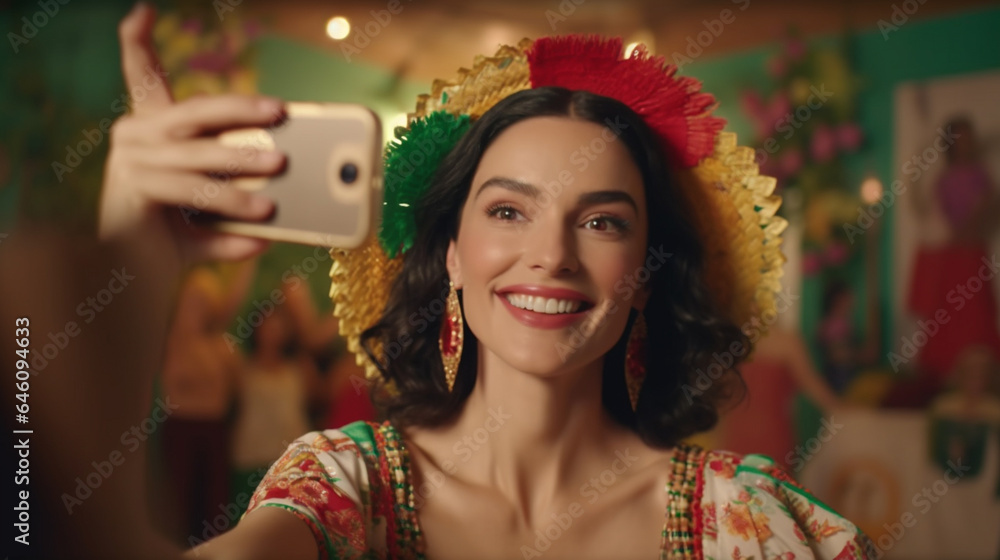Mature adult woman, Brazilian or Hispanic Spanish, taking a selfie, taking a photo with her cell phone, smartphone, wearing a traditional outfit in colorful colors, carnival or festival or parade