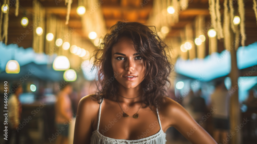 adult woman, tanned skin color, wearing white cozy casual tank top, curious and eager, brunette, shoulder length hair, caucasian, 30s, in tropical resort, vacation adult woman, tanned skin color, wearing white cozy casual tank top, curious and eager, brunette, shoulder length hair, caucasian, 30s, in tropical resort, vacation