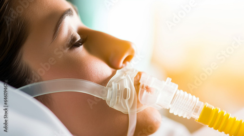 young adult woman under anesthesia, mouthpiece for ventilation, medicine and hospital, lying on the hospital bed, operation or beauty clinic or cosmetic surgery, treatment and healing, caucasian, 40s