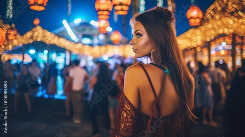 adult woman, 30s, at a festival or festival of lights, Asian tradition, fictional place, tourist in summer dress net, evening or nightlife