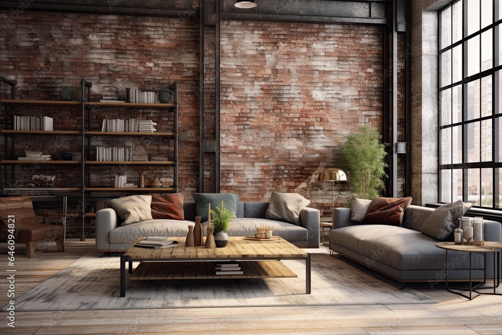Bright industrial loft living room, concrete walls, large windows, minimal decor. Concept of urban interior space.