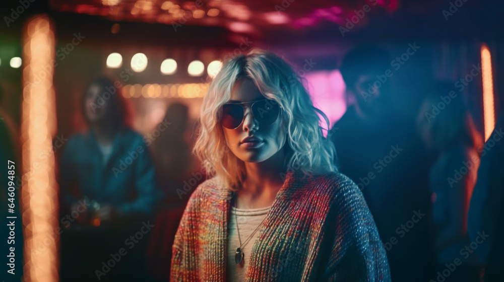 adult woman, dyed blonde hair, shoulder-length hair, colorful rainbow-colored winter knitted sweater, in a bar or restaurant in the early evening