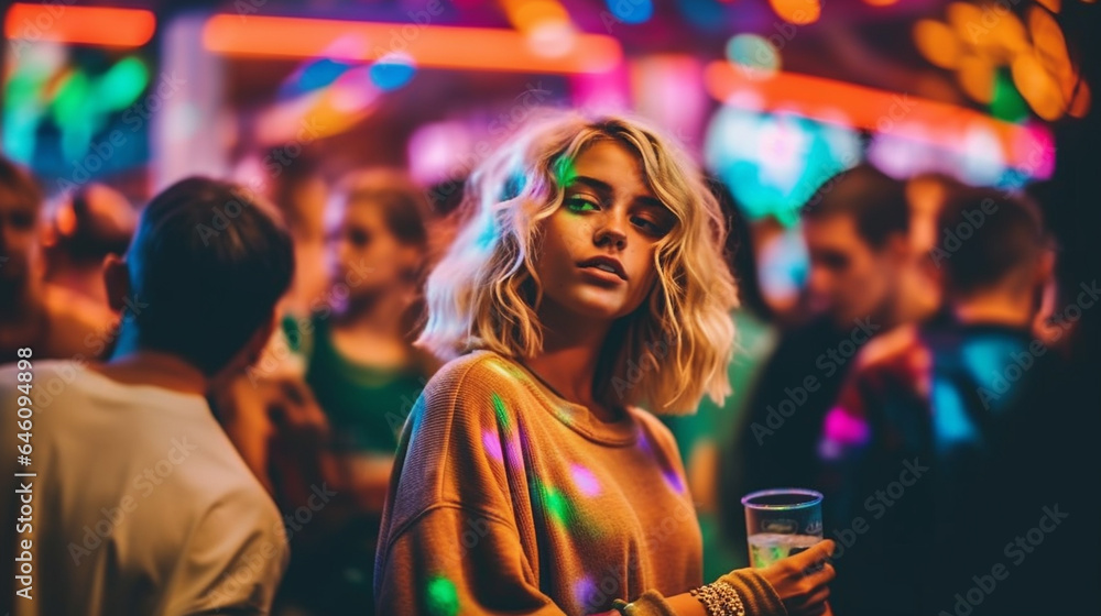 young adult woman, blonde, walking alone or being stood up or waiting for someone, looks around expectantly, fictional place, dating and going out in the nightlife
