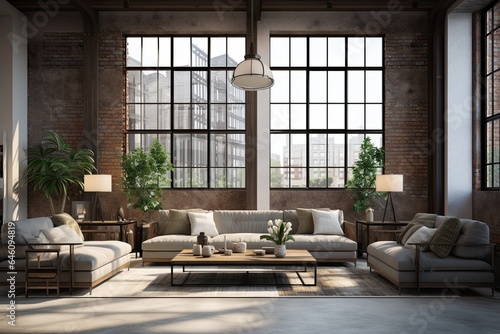 Spacious loft-style lounge, concrete walls, comfortable furnishings, stylish lighting. Concept of modern industrial living space. © Postproduction