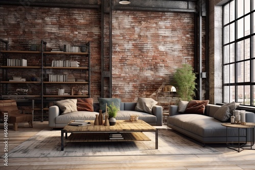 Bright industrial loft living room  concrete walls  large windows  minimal decor. Concept of urban interior space.