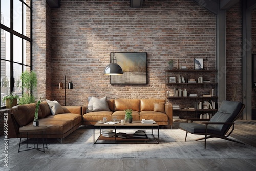 Contemporary loft-style living room, high ceilings, large windows, mix of rustic, modern elements. Concept of modern interior design. © Postproduction