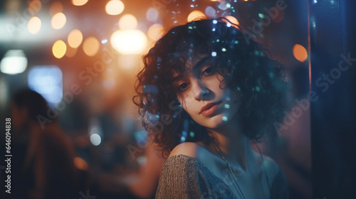 adult woman, caucasian, curly hair, at a window pane, in a bar or restaurant, looking outside, lonely or bored, curious facial expression, wondering and having doubts