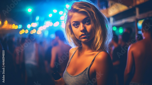 young adult woman, blonde, shoulder-length hair, in a pedestrian zone at a village festival or on the edge of Oktoberfest or nightlife and party © wetzkaz