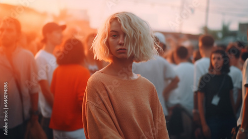 young adult woman, blonde, medium-length hair, in a pedestrian zone at a village festival or on the edge of Oktoberfest or Fitkiv, Caucasian, walking alone