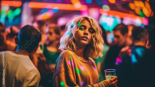 young adult woman, blonde, walking alone or being stood up or waiting for someone, looks around expectantly, fictional place, dating and going out in the nightlife