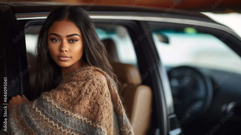 Attractive young adult woman, tanned skin tone, getting out of black limousine or car aujto vehicle, wearing elegant knitted coat, luxurious lifestyle Attractive young adult woman, tanned skin tone, getting out of black limousine or car aujto vehicle, wearing elegant knitted coat, luxurious lifestyle