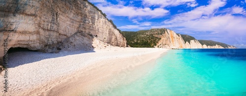 Greece Kefalonia Fteris beach panorama with cave, turquoise sea and white pebbles, World Print high resolution, Cephalonia Ionian islands wild coastal scenery